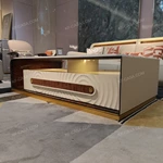 Sculptural Coffee Table with Integrated Marble-Effect Top, Natural Wood Veneer, and White Lacquer Accents